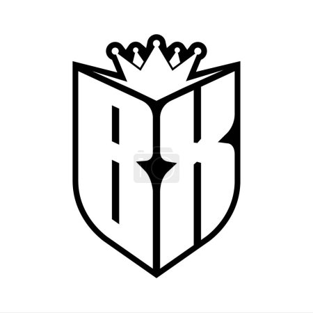 BX Letter fettes Monogramm mit Schildform und scharfer Krone innerhalb des Schildes schwarz-weiße Farbdesign-Vorlage