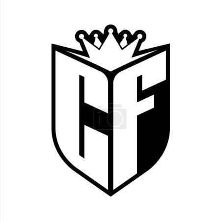 CF Letter bold monogram with shield shape and sharp crown inside shield black and white color design template