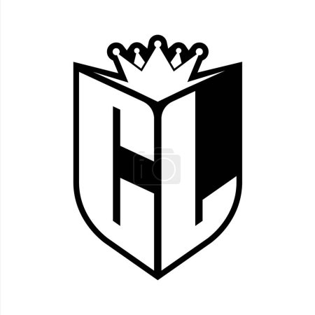 CL Carta monograma en negrita con forma de escudo y corona afilada escudo interior plantilla de diseño de color blanco y negro