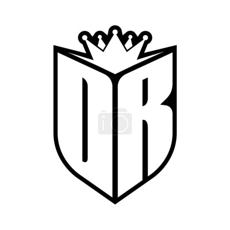DR Letter fettes Monogramm mit Schildform und scharfer Krone innerhalb Schild schwarz-weiße Farbdesign-Vorlage