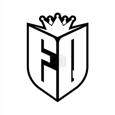 Monogramme gras lettre EQ avec forme de bouclier et couronne tranchante à l'intérieur du bouclier modèle de conception de couleur noir et blanc