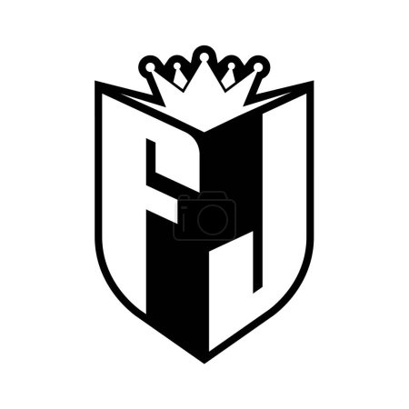 FJ Letter fettes Monogramm mit Schildform und scharfer Krone innerhalb Schild schwarz-weiße Farbdesign-Vorlage