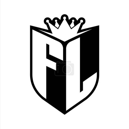 FL Letter bold monogram with shield shape and sharp crown inside shield black and white color design template