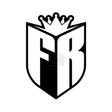 FR Brief fettes Monogramm mit Schildform und scharfer Krone innerhalb Schild schwarz-weiße Farbdesign-Vorlage