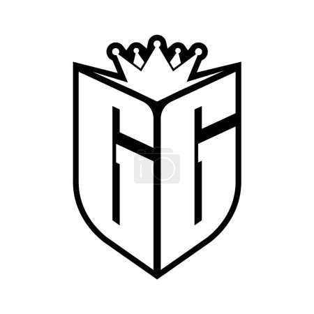 Monogramme gras lettre GG avec forme de bouclier et couronne tranchante à l'intérieur du bouclier modèle de conception de couleur noir et blanc