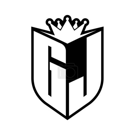 Monogramme gras lettre GJ avec forme de bouclier et couronne tranchante à l'intérieur du bouclier modèle de conception de couleur noir et blanc