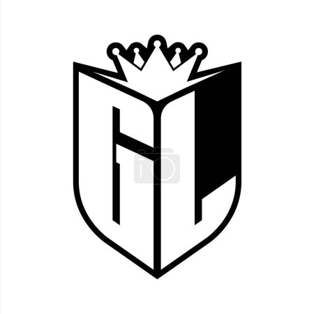 Carta GL en negrita monograma con forma de escudo y corona afilada escudo interior plantilla de diseño de color blanco y negro