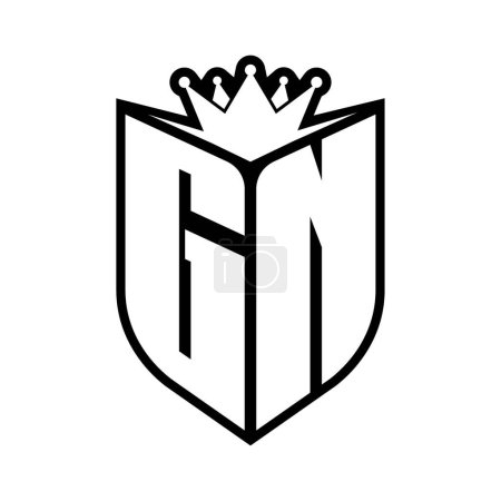 Monogramme gras lettre GN avec forme de bouclier et couronne tranchante à l'intérieur du bouclier modèle de conception de couleur noir et blanc