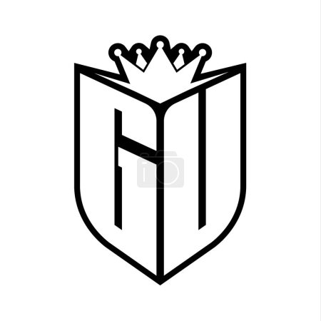 GU Letter fettes Monogramm mit Schildform und scharfer Krone innerhalb Schild schwarz-weiße Farbdesign-Vorlage