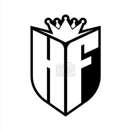 HF Letter fettes Monogramm mit Schildform und scharfer Krone innerhalb des Schildes schwarz-weiße Farbdesign-Vorlage