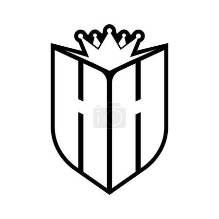 Monogramme gras lettre HH avec forme de bouclier et couronne tranchante à l'intérieur du bouclier modèle de conception de couleur noir et blanc