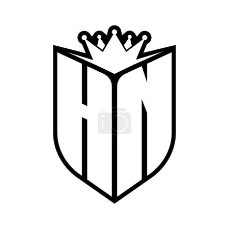 HN Letter fettes Monogramm mit Schildform und scharfer Krone innerhalb Schild schwarz-weiße Farbdesign-Vorlage