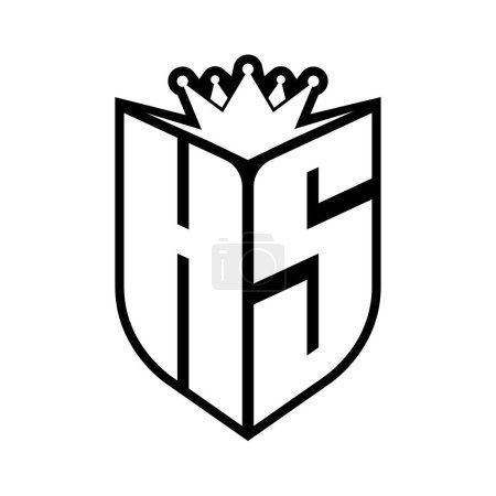HS Letter fettes Monogramm mit Schildform und scharfer Krone innerhalb Schild schwarz-weiße Farbdesign-Vorlage