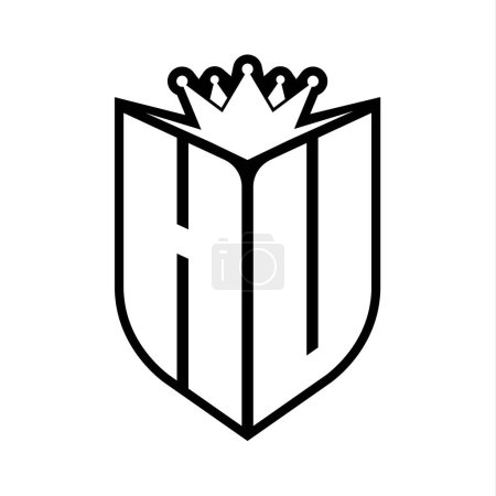 HU Letter bold monogram with shield shape and sharp crown inside shield black and white color design template