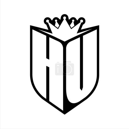HV Letter fettes Monogramm mit Schildform und scharfer Krone innerhalb Schild schwarz-weiße Farbdesign-Vorlage