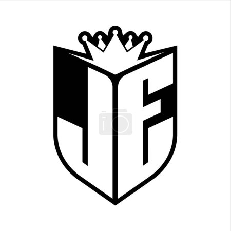 JE Carta monograma en negrita con forma de escudo y corona afilada escudo interior plantilla de diseño de color blanco y negro