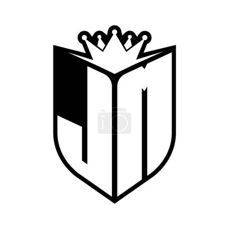 JM Letter fettes Monogramm mit Schildform und scharfer Krone innerhalb Schild schwarz-weiße Farbdesign-Vorlage