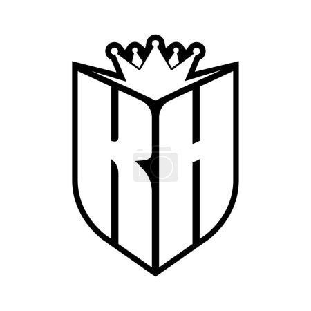 KH Letter fettes Monogramm mit Schildform und scharfer Krone innerhalb Schild schwarz-weiße Farbdesign-Vorlage