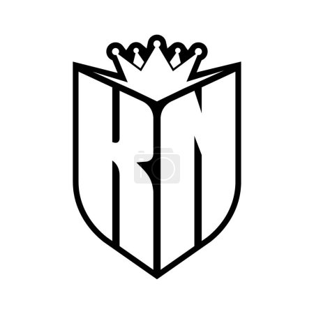 Carta KN en negrita monograma con forma de escudo y corona afilada escudo interior plantilla de diseño de color blanco y negro