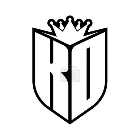 KO Carta monograma en negrita con forma de escudo y corona afilada escudo interior plantilla de diseño de color blanco y negro