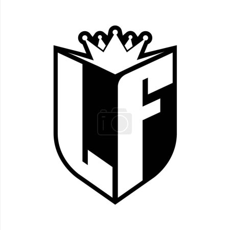 LF Letter fettes Monogramm mit Schildform und scharfer Krone innerhalb Schild schwarz-weiße Farbdesign-Vorlage