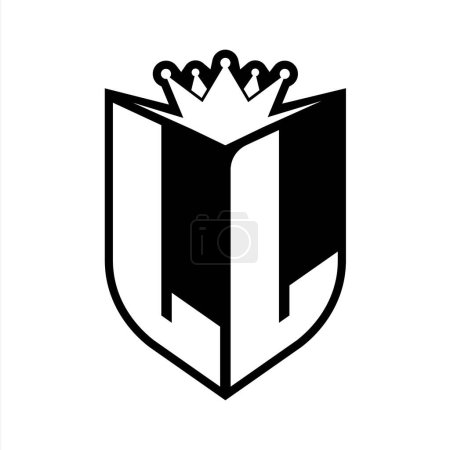 LL Carta monograma en negrita con forma de escudo y corona afilada escudo interior plantilla de diseño de color blanco y negro