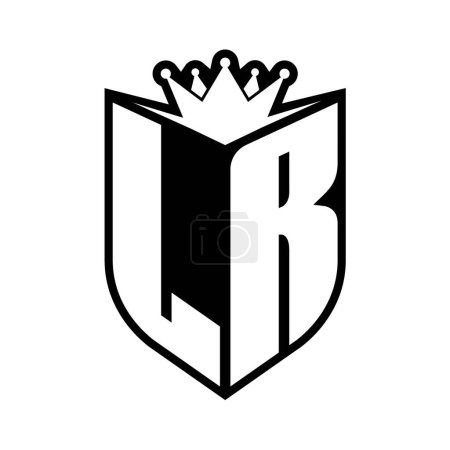 LR Letter bold monogram with shield shape and sharp crown inside shield black and white color design template