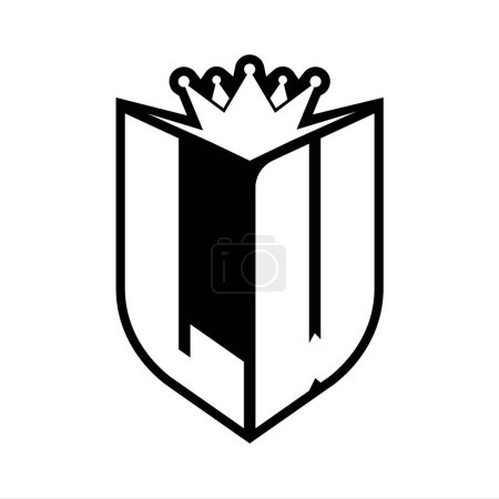 LW Carta monograma en negrita con forma de escudo y corona afilada escudo interior plantilla de diseño de color blanco y negro