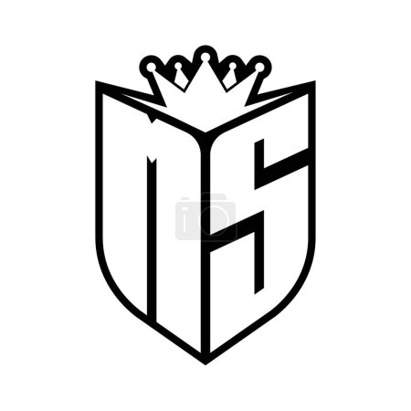 MS Carta monograma en negrita con forma de escudo y corona afilada escudo interior plantilla de diseño de color blanco y negro