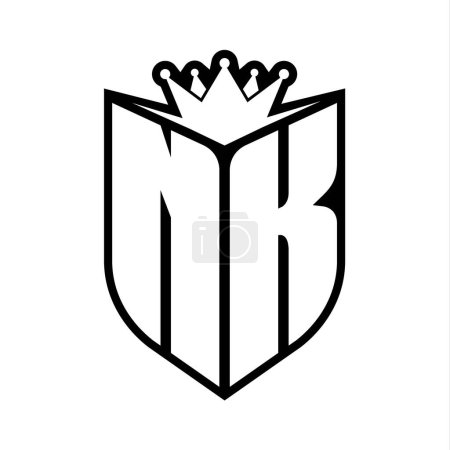 NK Letter bold monogram with shield shape and sharp crown inside shield black and white color design template