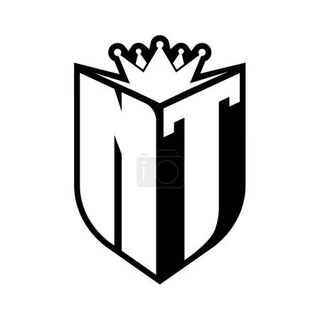 NT Letter fettes Monogramm mit Schildform und scharfer Krone innerhalb des Schildes schwarz-weiße Farbdesign-Vorlage
