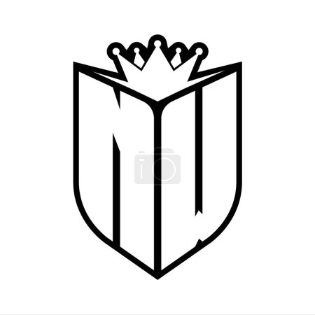 NW Letter fettes Monogramm mit Schildform und scharfer Krone innerhalb Schild schwarz-weiße Farbdesign-Vorlage