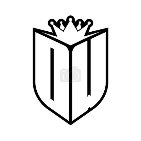 Monogramme gras lettre OW avec forme de bouclier et couronne tranchante à l'intérieur du bouclier modèle de conception de couleur noir et blanc