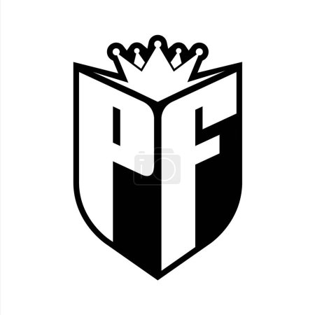 PF Letter bold monogram with shield shape and sharp crown inside shield black and white color design template