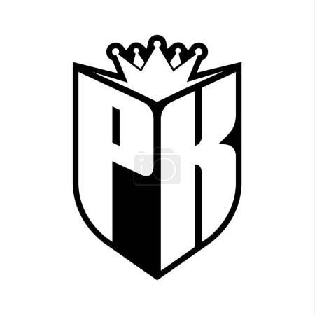PK Carta monograma en negrita con forma de escudo y corona afilada escudo interior plantilla de diseño de color blanco y negro