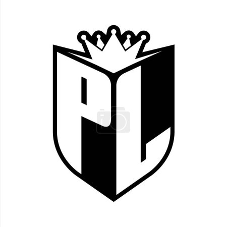 PL Letter bold monogram with shield shape and sharp crown inside shield black and white color design template