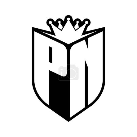 PN Letter fettes Monogramm mit Schildform und scharfer Krone innerhalb Schild schwarz-weiße Farbdesign-Vorlage