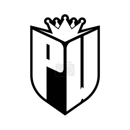 PW Letter fettes Monogramm mit Schildform und scharfer Krone innerhalb des Schildes schwarz-weiße Farbdesign-Vorlage