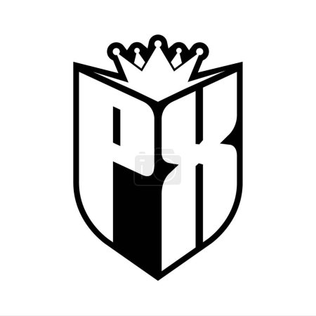 PX Letter fettes Monogramm mit Schildform und scharfer Krone innerhalb des Schildes schwarz-weiße Farbdesign-Vorlage