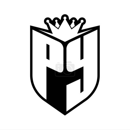 PY Letter fettes Monogramm mit Schildform und scharfer Krone innerhalb Schild schwarz-weiße Farbdesign-Vorlage