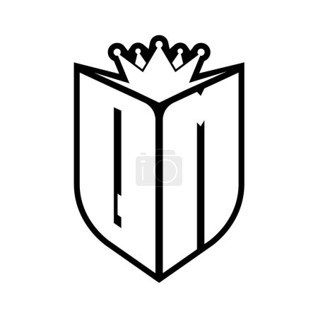 Monogramme gras lettre QM avec forme de bouclier et couronne tranchante à l'intérieur du bouclier modèle de conception de couleur noir et blanc