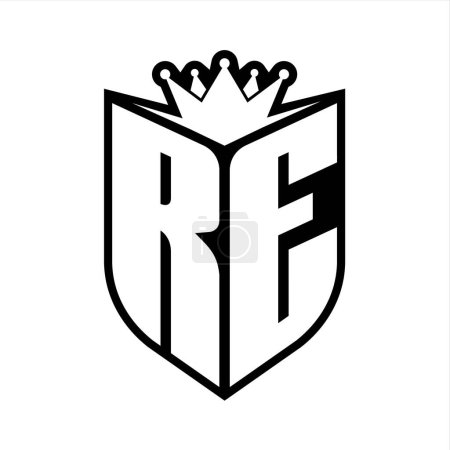 RE Carta monograma en negrita con forma de escudo y corona afilada escudo interior plantilla de diseño de color blanco y negro