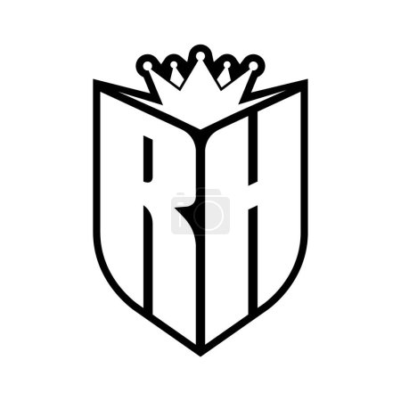 RH Carta monograma en negrita con forma de escudo y corona afilada escudo interior plantilla de diseño de color blanco y negro