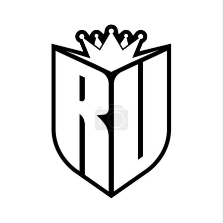 RU Letter fettes Monogramm mit Schildform und scharfer Krone innerhalb Schild schwarz-weiße Farbdesign-Vorlage