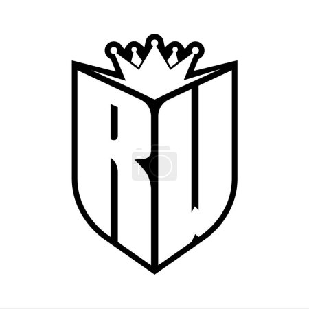 Monogramme gras lettre RW avec forme de bouclier et couronne tranchante à l'intérieur du bouclier modèle de conception de couleur noir et blanc