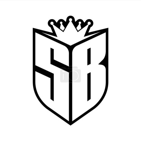 SB Carta monograma en negrita con forma de escudo y corona afilada escudo interior plantilla de diseño de color blanco y negro
