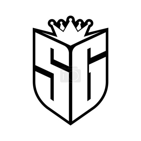 SG Letter fettes Monogramm mit Schildform und scharfer Krone innerhalb des Schildes schwarz-weiße Farbdesign-Vorlage