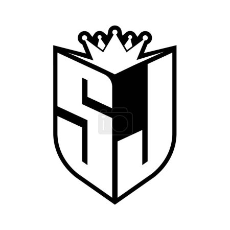 SJ Letter bold monogram with shield shape and sharp crown inside shield black and white color design template