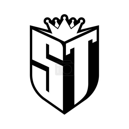 ST Letter bold monogram with shield shape and sharp crown inside shield black and white color design template