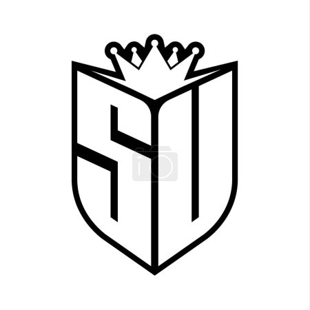 SU Letter fettes Monogramm mit Schildform und scharfer Krone innerhalb des Schildes schwarz-weiße Farbdesign-Vorlage